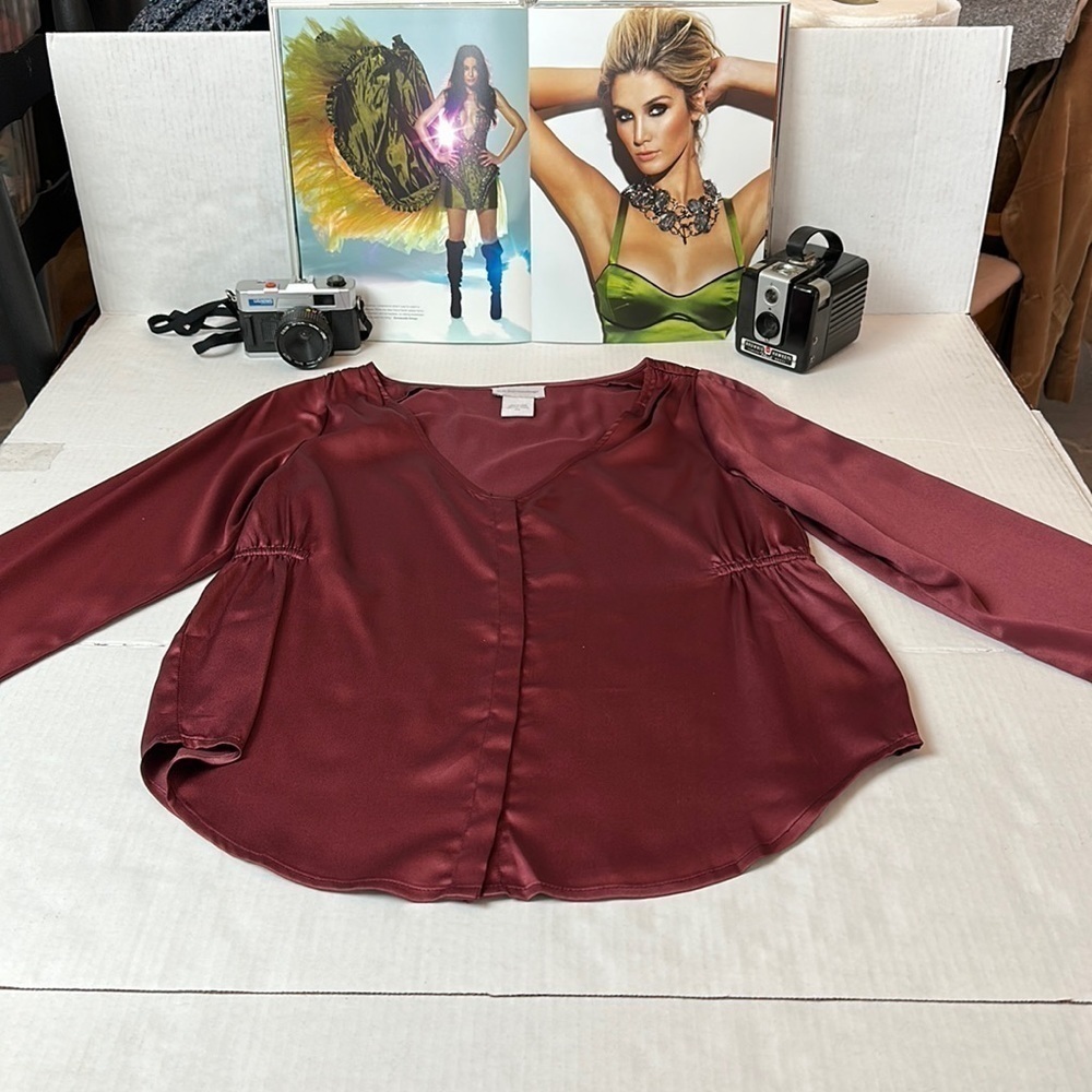 Soft Surroundings SP Burgundy Satin Blouse Hidden Button Draped Sleeve